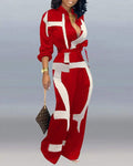 ABSTRACT PRINT POCKET DECOR LONG SLEEVE JUMPSUIT WITH BELT - Missyess