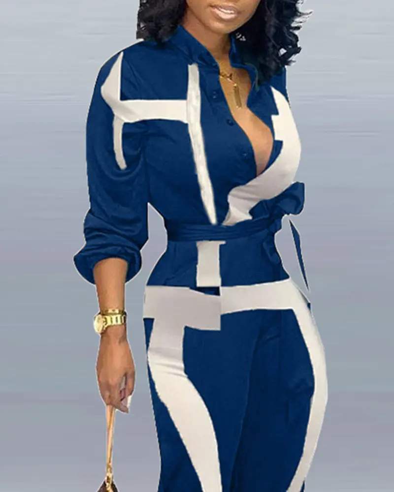 ABSTRACT PRINT POCKET DECOR LONG SLEEVE JUMPSUIT WITH BELT - Missyess