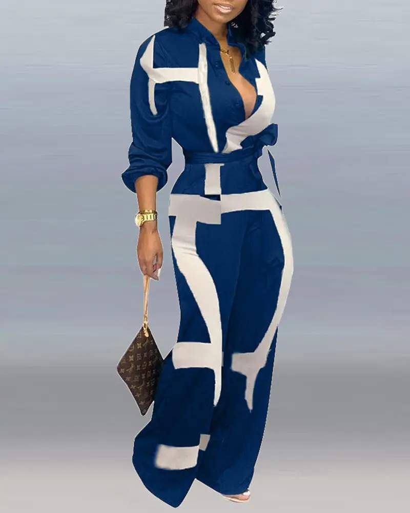 ABSTRACT PRINT POCKET DECOR LONG SLEEVE JUMPSUIT WITH BELT - Missyess