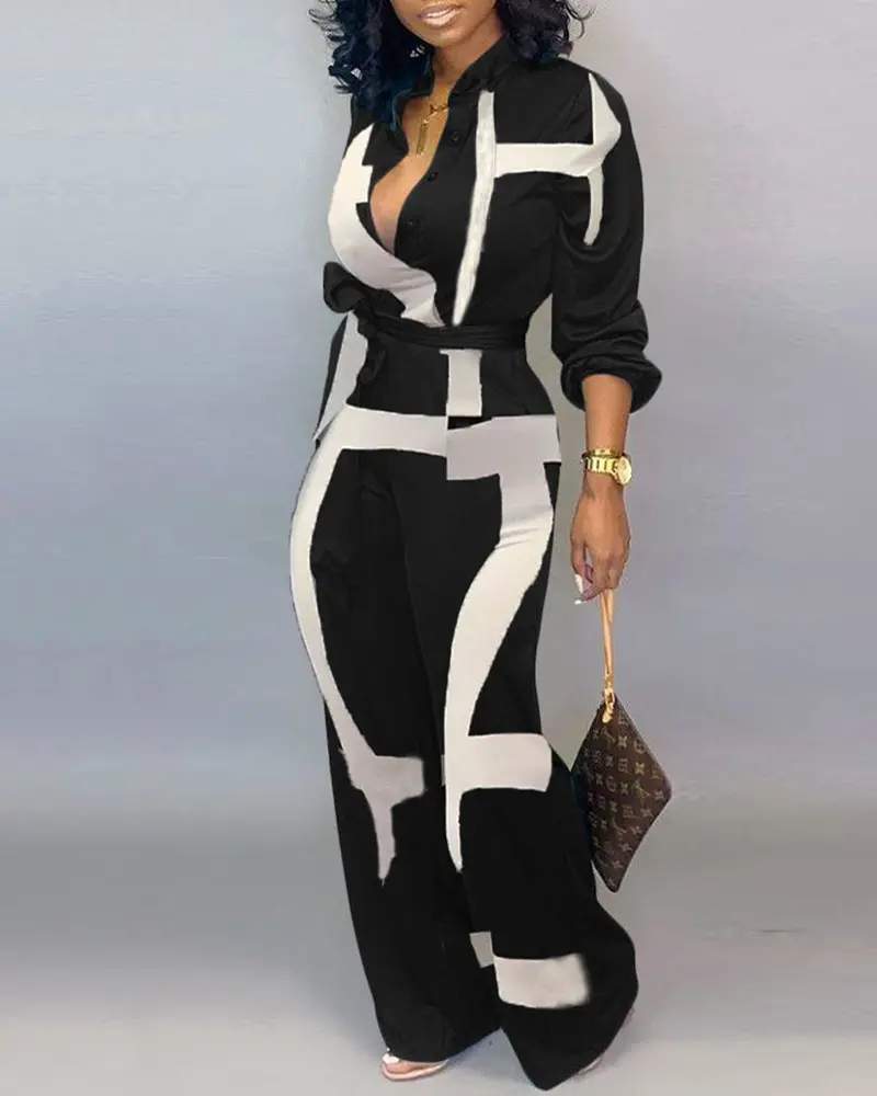 ABSTRACT PRINT POCKET DECOR LONG SLEEVE JUMPSUIT WITH BELT - Missyess