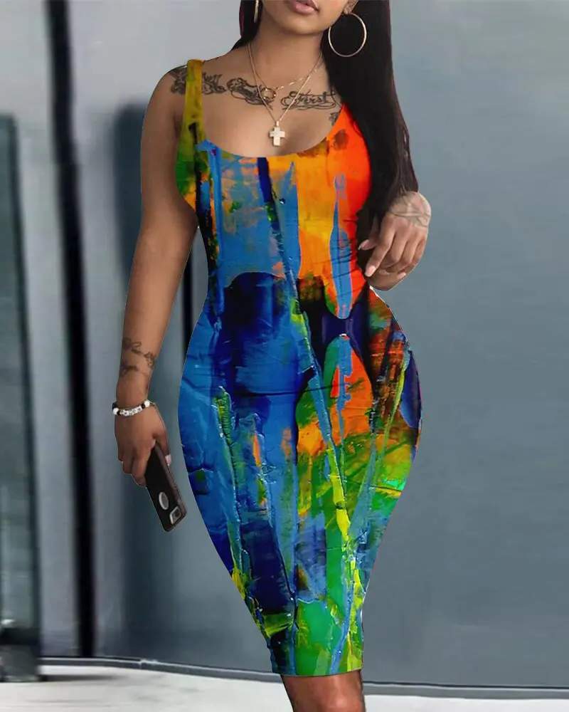ABSTRACT PRINT SLEEVELESS BODYCON DRESS - Missyess