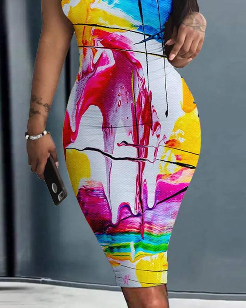 ABSTRACT PRINT SLEEVELESS BODYCON DRESS - Missyess