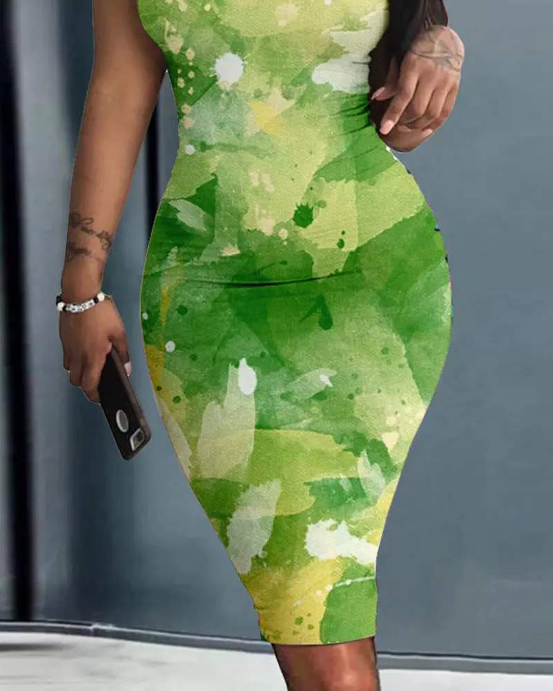 ABSTRACT PRINT SLEEVELESS BODYCON DRESS - Missyess