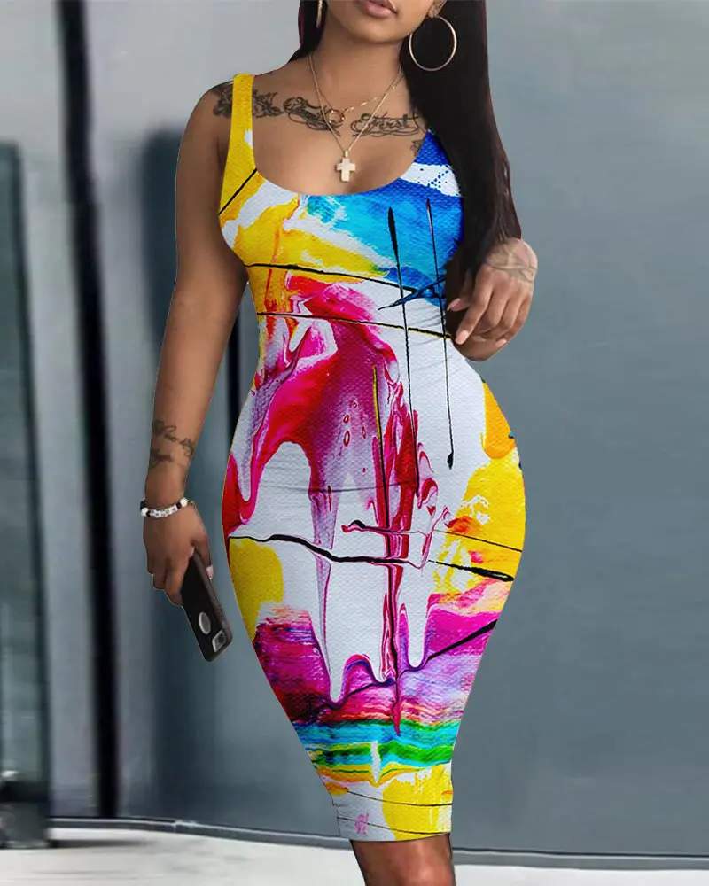 ABSTRACT PRINT SLEEVELESS BODYCON DRESS - Missyess