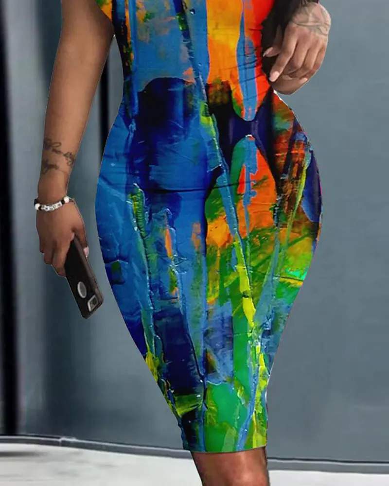 ABSTRACT PRINT SLEEVELESS BODYCON DRESS - Missyess