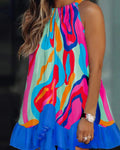 ABSTRACT PRINT SLEEVELESS RUFFLES TRIM SWING DRESS - Missyess