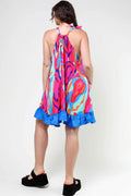 ABSTRACT PRINT SLEEVELESS RUFFLES TRIM SWING DRESS - Missyess