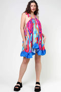 ABSTRACT PRINT SLEEVELESS RUFFLES TRIM SWING DRESS - Missyess