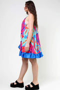 ABSTRACT PRINT SLEEVELESS RUFFLES TRIM SWING DRESS - Missyess