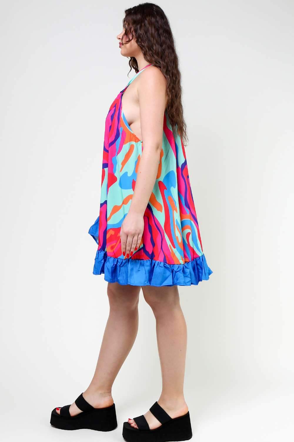 ABSTRACT PRINT SLEEVELESS RUFFLES TRIM SWING DRESS - Missyess