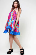 ABSTRACT PRINT SLEEVELESS RUFFLES TRIM SWING DRESS - Missyess