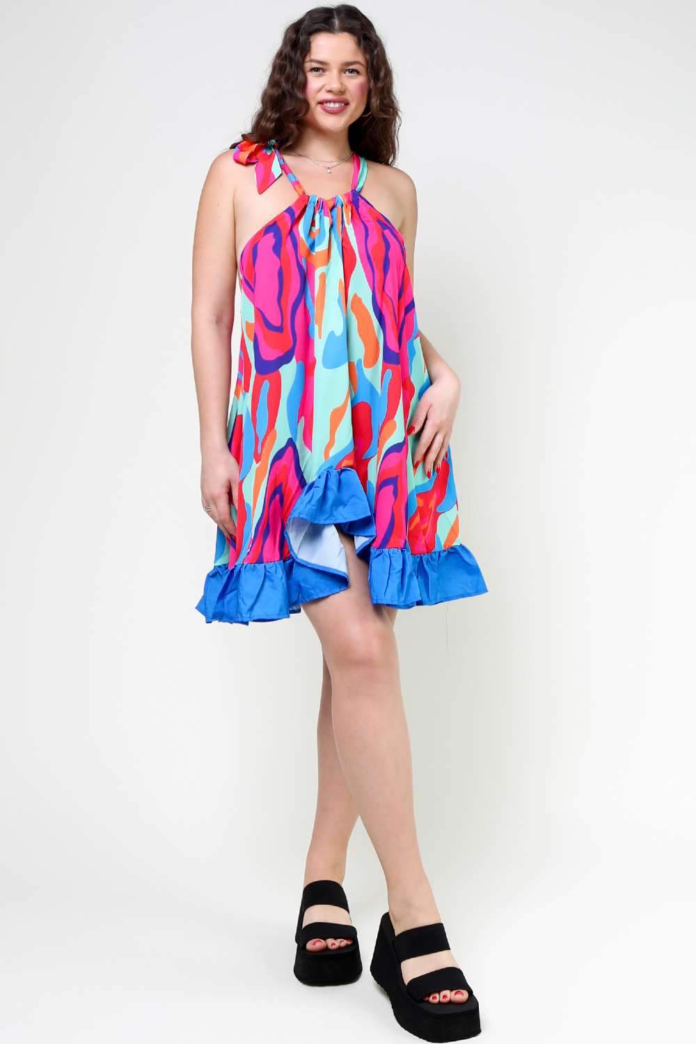 ABSTRACT PRINT SLEEVELESS RUFFLES TRIM SWING DRESS - Missyess