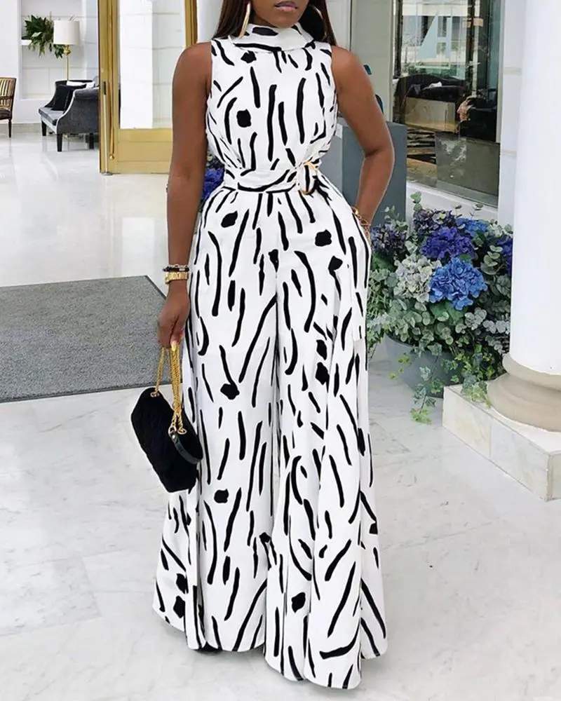 ABSTRACT PRINT SLEEVELESS WIDE LEG JUMPSUIT - Missyess