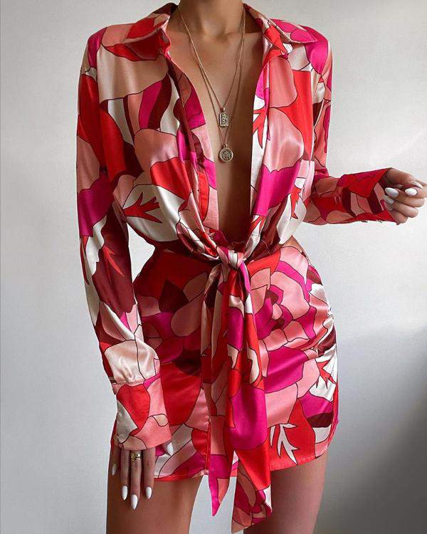 ABSTRACT PRINT TIED DETAIL SHIRT DRESS - Missyess