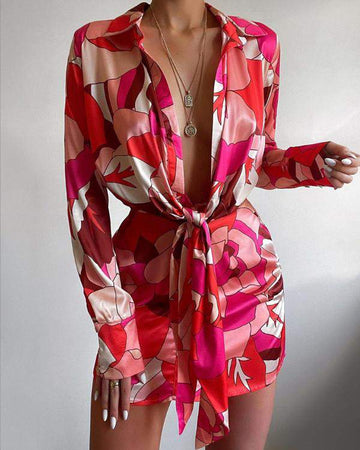 ABSTRACT PRINT TIED DETAIL SHIRT DRESS - Missyess