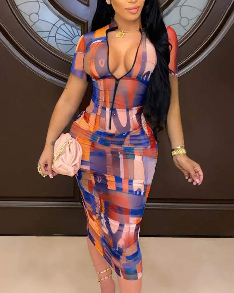 ABSTRACT PRINT ZIPPER DESIGN BODYCON DRESS - Missyess