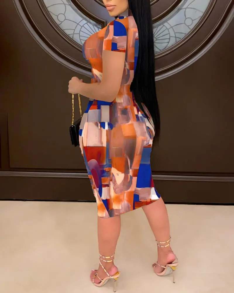ABSTRACT PRINT ZIPPER DESIGN BODYCON DRESS - Missyess