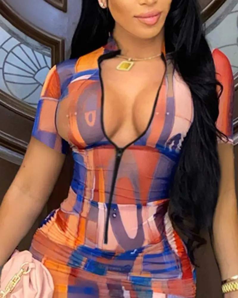 ABSTRACT PRINT ZIPPER DESIGN BODYCON DRESS - Missyess