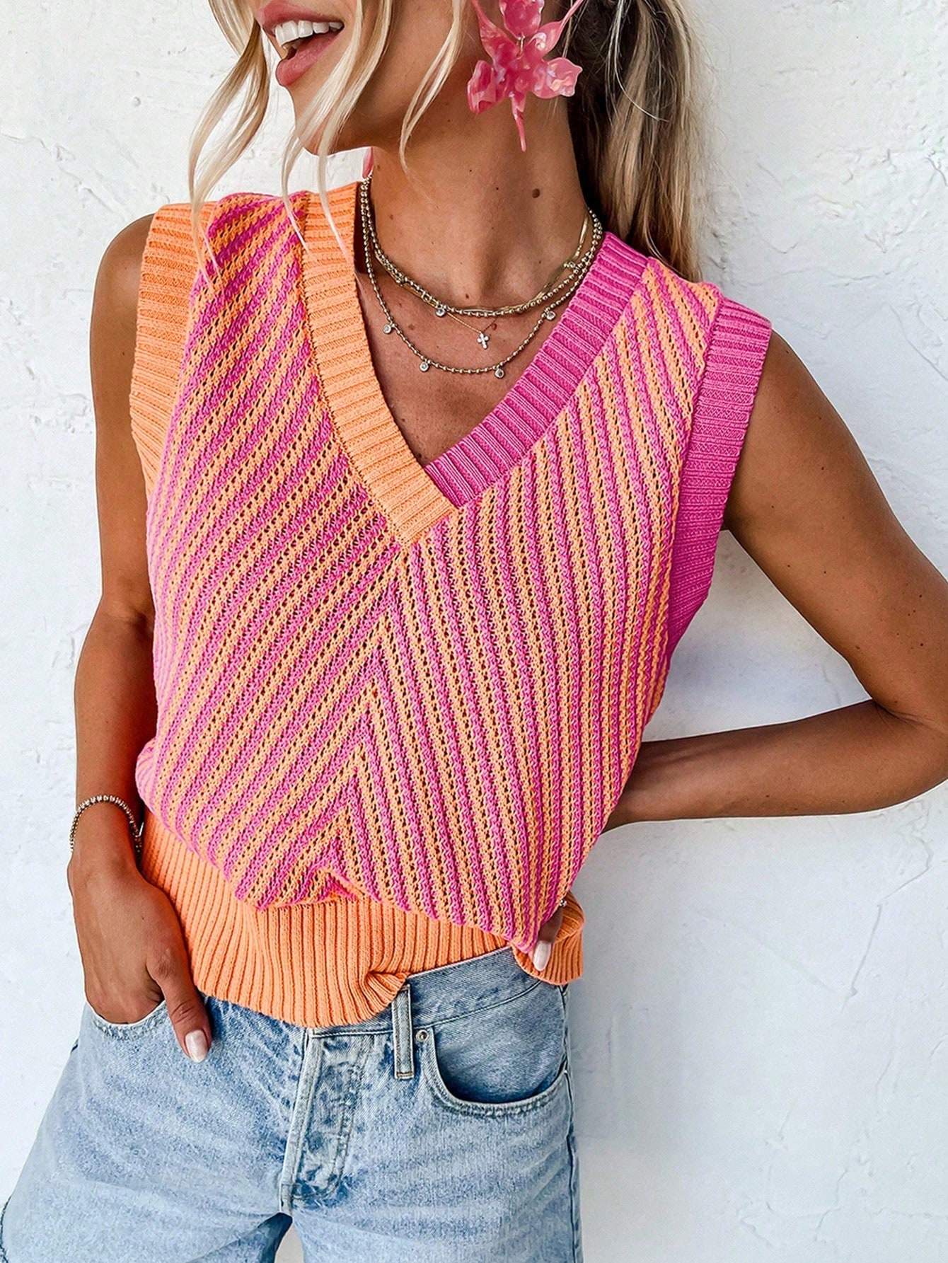 ACELITT SPRING SUMMER CASUAL STRIPED V NECK SWEATER VEST - Missyess