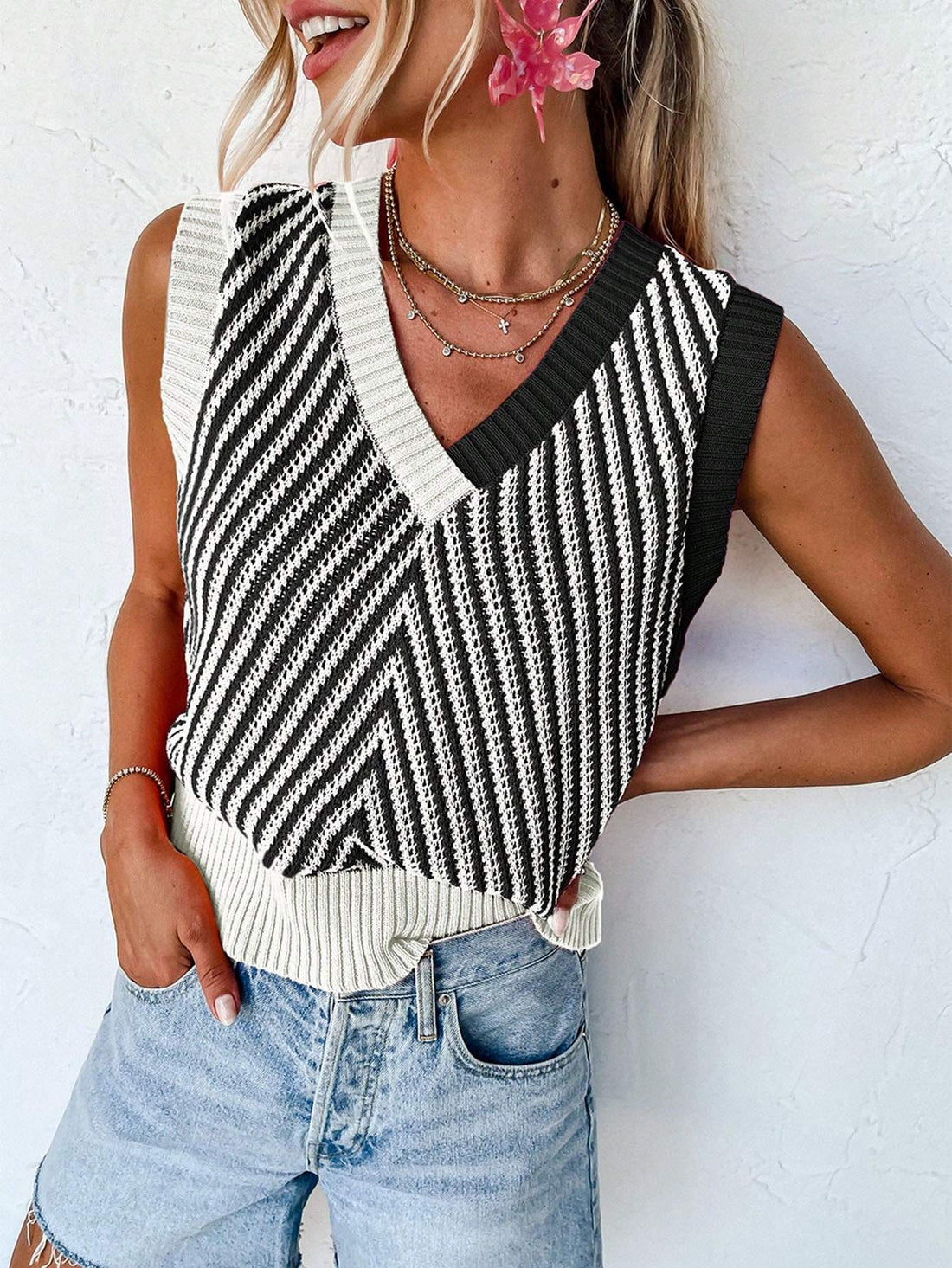 ACELITT SPRING SUMMER CASUAL STRIPED V NECK SWEATER VEST - Missyess