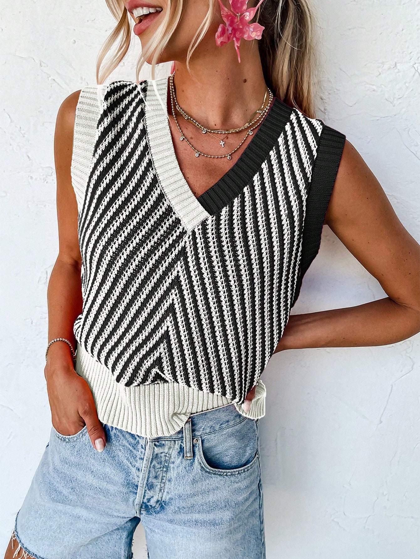 ACELITT SPRING SUMMER CASUAL STRIPED V NECK SWEATER VEST - Missyess