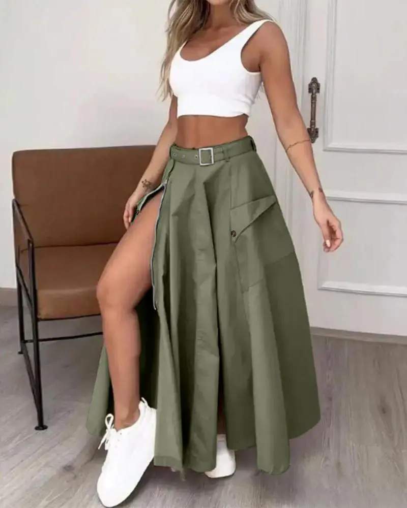 ADJUSTABLE WAISTBELT ZIPPER HIGH SLIT MAXI A LINE SKIRT - Missyess