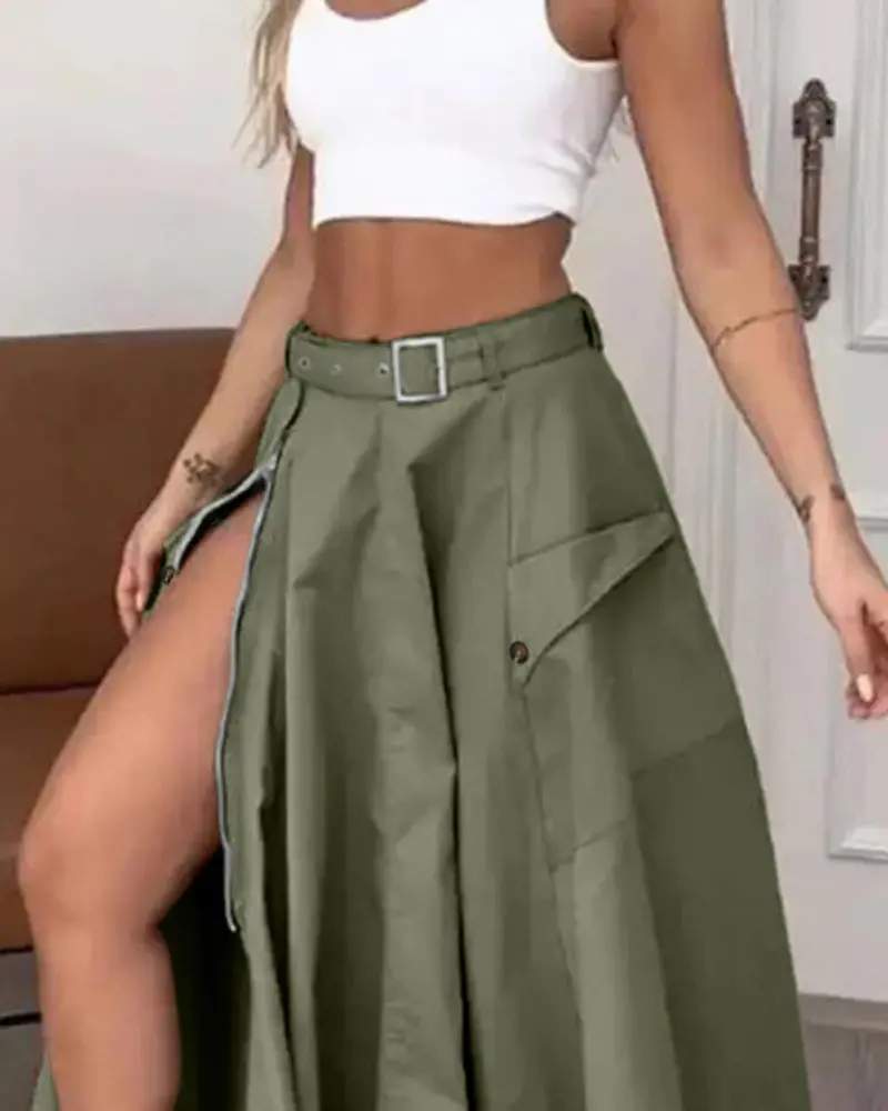 ADJUSTABLE WAISTBELT ZIPPER HIGH SLIT MAXI A LINE SKIRT - Missyess