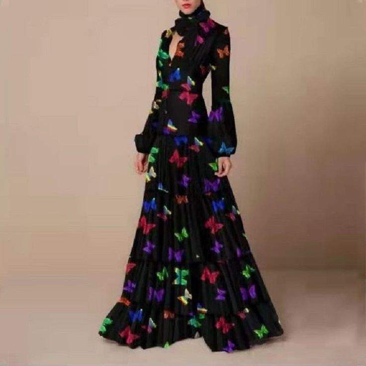 AIERTU RETRO FLORAL LEOPARD PRINT LONG DRESS SPRING AUTUMN WOMEN LONG SLEEVE MAXI DRESS HIGH FASHION HALTER HOLLOW OUT PARTY DRESS 01 M - Missyess