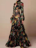 AIERTU RETRO FLORAL LEOPARD PRINT LONG DRESS SPRING AUTUMN WOMEN LONG SLEEVE MAXI DRESS HIGH FASHION HALTER HOLLOW OUT PARTY DRESS 01 M - Missyess