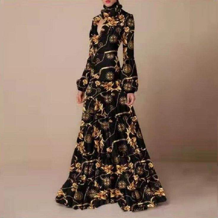 AIERTU RETRO FLORAL LEOPARD PRINT LONG DRESS SPRING AUTUMN WOMEN LONG SLEEVE MAXI DRESS HIGH FASHION HALTER HOLLOW OUT PARTY DRESS 01 M - Missyess
