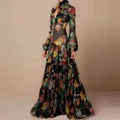 AIERTU RETRO FLORAL LEOPARD PRINT LONG DRESS SPRING AUTUMN WOMEN LONG SLEEVE MAXI DRESS HIGH FASHION HALTER HOLLOW OUT PARTY DRESS 01 M - Missyess