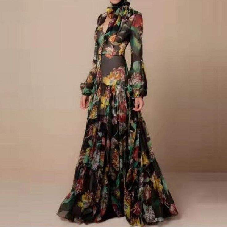 AIERTU RETRO FLORAL LEOPARD PRINT LONG DRESS SPRING AUTUMN WOMEN LONG SLEEVE MAXI DRESS HIGH FASHION HALTER HOLLOW OUT PARTY DRESS 01 M - Missyess