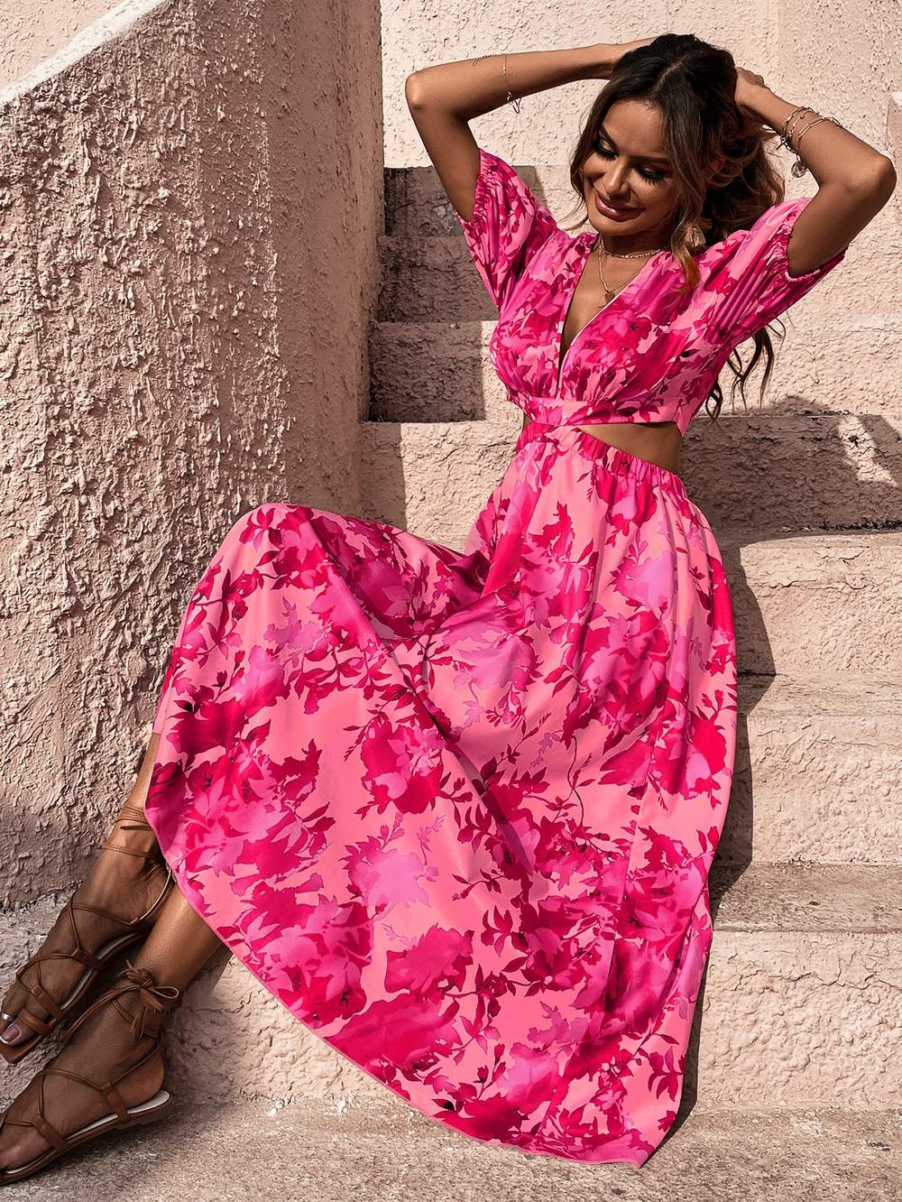 ALLOVER FLORAL PRINT CUT OUT PUFF SLEEVE DRESS - Missyess