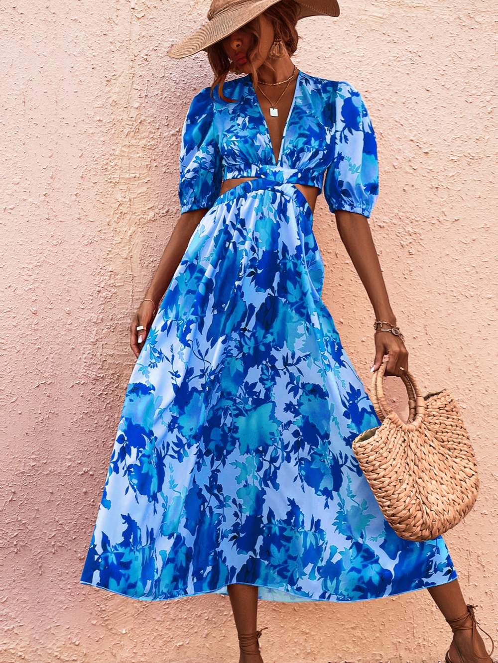 ALLOVER FLORAL PRINT CUT OUT PUFF SLEEVE DRESS - Missyess