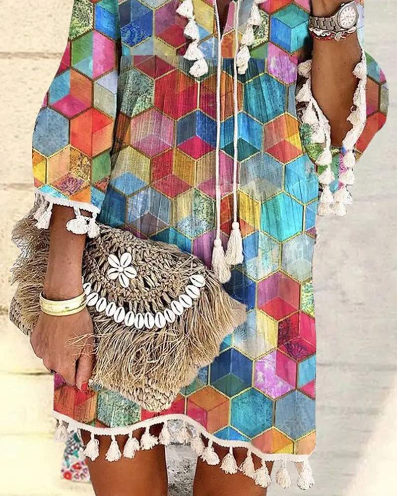 ALLOVER GEOMETRIC PRINT TASSEL DECOR BELL SLEEVE DRESS - Missyess