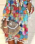ALLOVER GEOMETRIC PRINT TASSEL DECOR BELL SLEEVE DRESS - Missyess