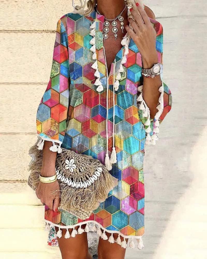ALLOVER GEOMETRIC PRINT TASSEL DECOR BELL SLEEVE DRESS - Missyess