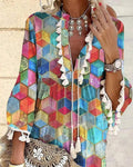 ALLOVER GEOMETRIC PRINT TASSEL DECOR BELL SLEEVE DRESS - Missyess