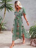 ALLOVER PRINT BUTTERFLY SLEEVE SPLIT SIDE BELTED DRESS - Missyess