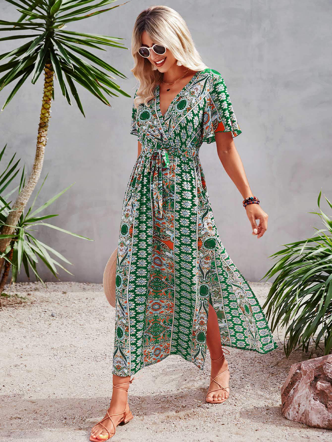 ALLOVER PRINT BUTTERFLY SLEEVE SPLIT SIDE BELTED DRESS - Missyess