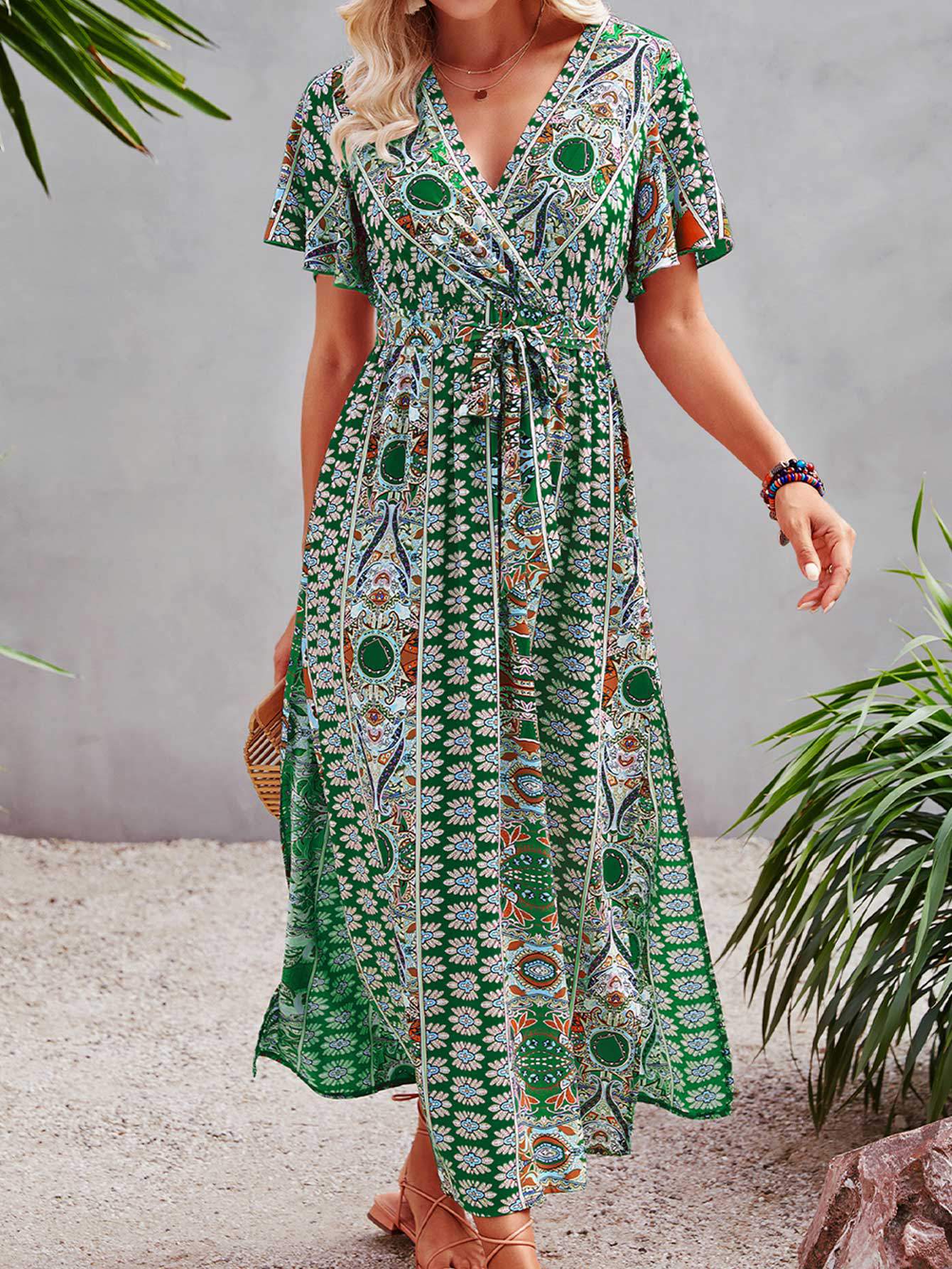 ALLOVER PRINT BUTTERFLY SLEEVE SPLIT SIDE BELTED DRESS - Missyess