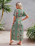 ALLOVER PRINT BUTTERFLY SLEEVE SPLIT SIDE BELTED DRESS - Missyess
