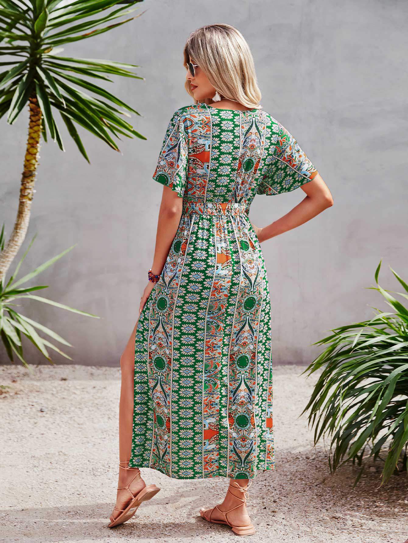 ALLOVER PRINT BUTTERFLY SLEEVE SPLIT SIDE BELTED DRESS - Missyess