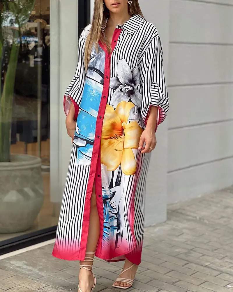 ALLOVER PRINT BUTTONED SLIT SHIRT DRESS - Missyess