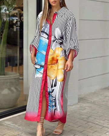 ALLOVER PRINT BUTTONED SLIT SHIRT DRESS - Missyess