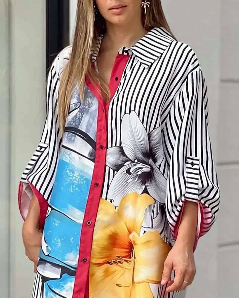 ALLOVER PRINT BUTTONED SLIT SHIRT DRESS - Missyess