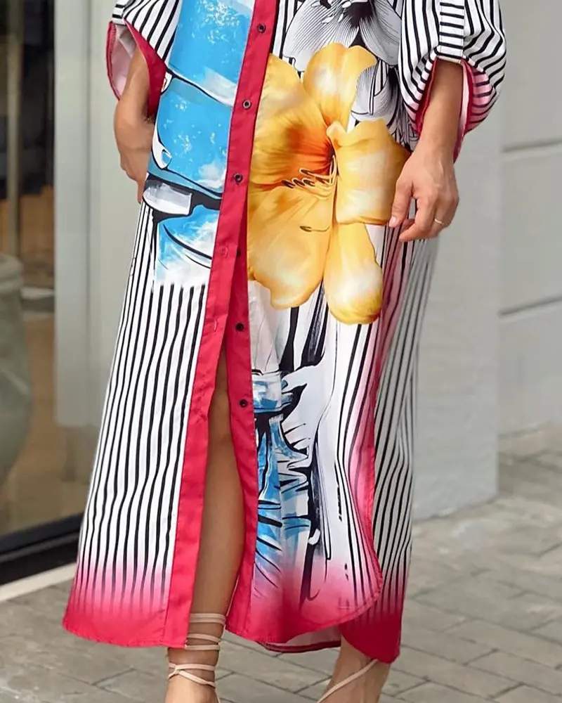 ALLOVER PRINT BUTTONED SLIT SHIRT DRESS - Missyess