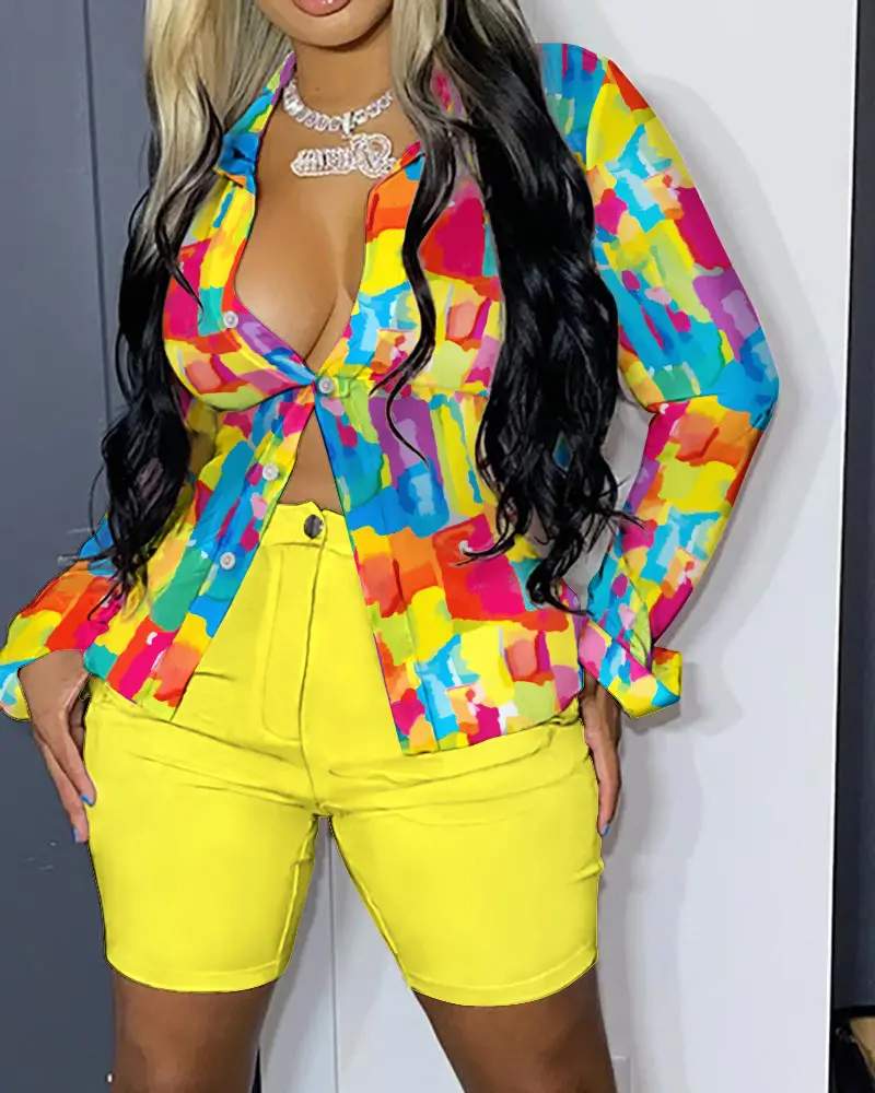 ALLOVER PRINT BUTTON DOWN SHIRT SHORTS SET - Missyess