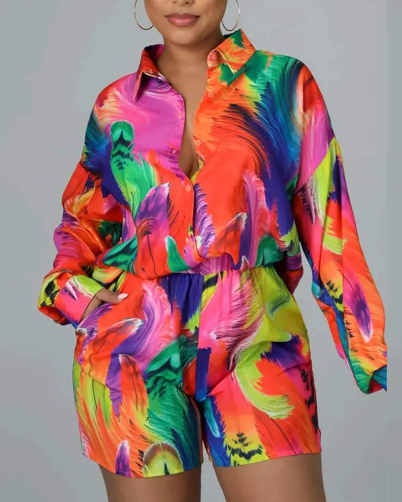 ALLOVER PRINT BUTTON DOWN SHIRT SHORTS SET - Missyess