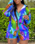 ALLOVER PRINT BUTTON DOWN SHIRT SHORTS SET - Missyess